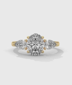 Oval Diamond Three Stone Ring – Pear Side Stone Engagement Ring – 14K 18K Yellow Gold Vintage Inspired Bridal Ring – Unique Custom Ring Gift