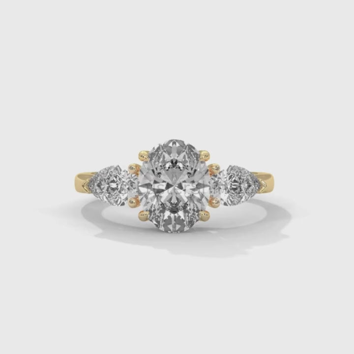 Oval Diamond Three Stone Ring – Pear Side Stone Engagement Ring – 14K 18K Yellow Gold Vintage Inspired Bridal Ring – Unique Custom Ring Gift
