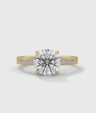 Round Diamond Engagement Ring – 2CT Six Prong Solitaire – Pave Gold Band – Lab or Moissanite – 14K 18K Yellow Gold – Dainty Bridal Ring Gift