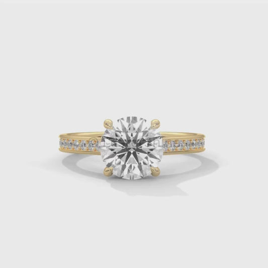 Round Diamond Engagement Ring – 2CT Six Prong Solitaire – Pave Gold Band – Lab or Moissanite – 14K 18K Yellow Gold – Dainty Bridal Ring Gift