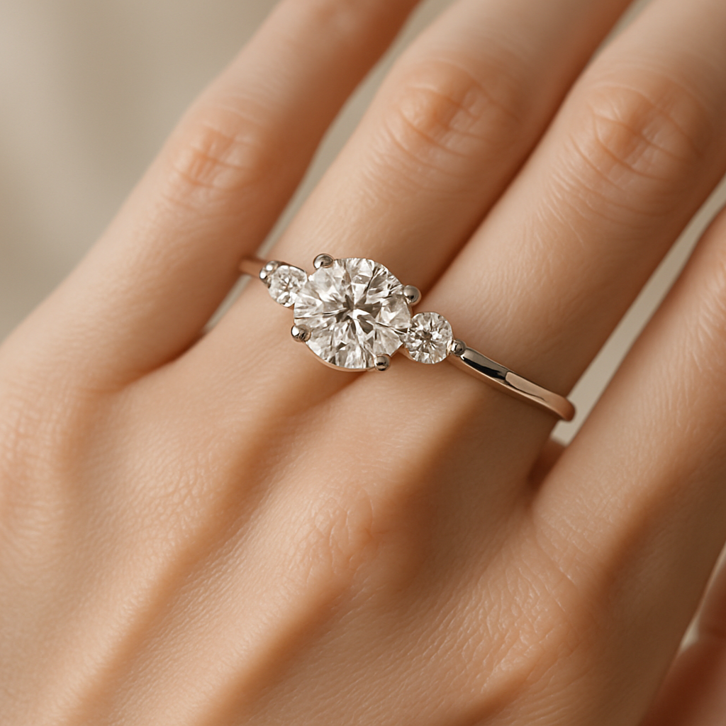 Three Stone Ring in ladies hand